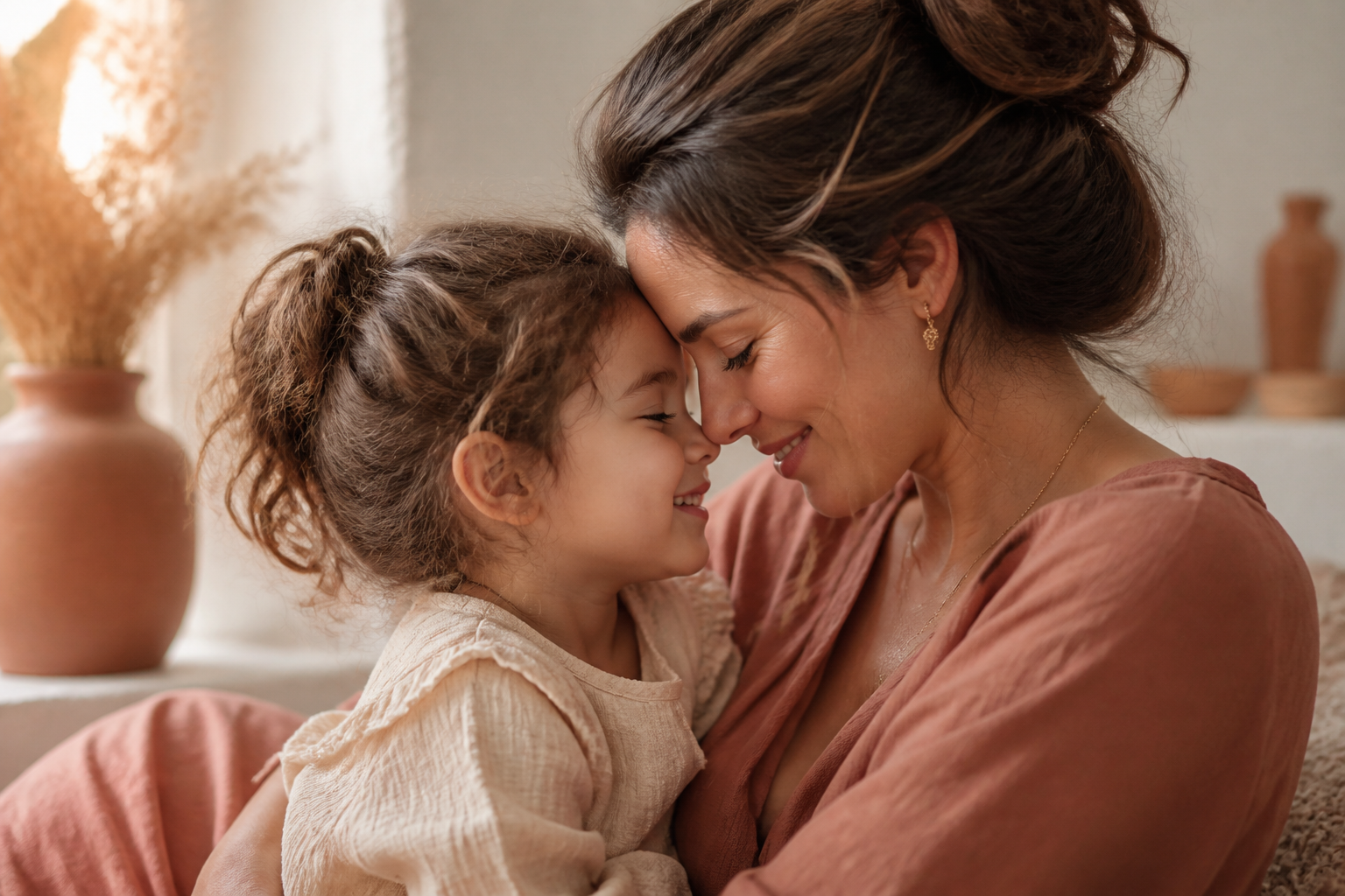 Maman et enfant souriants, apaisés